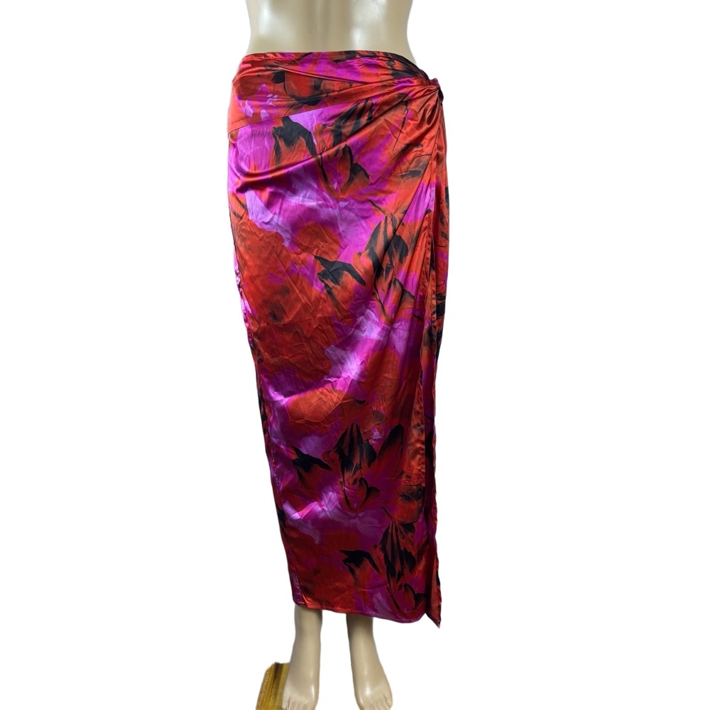 RUNAWAY Skirt Womens Size S Red Floral Draped Wrap Silky Vibrant